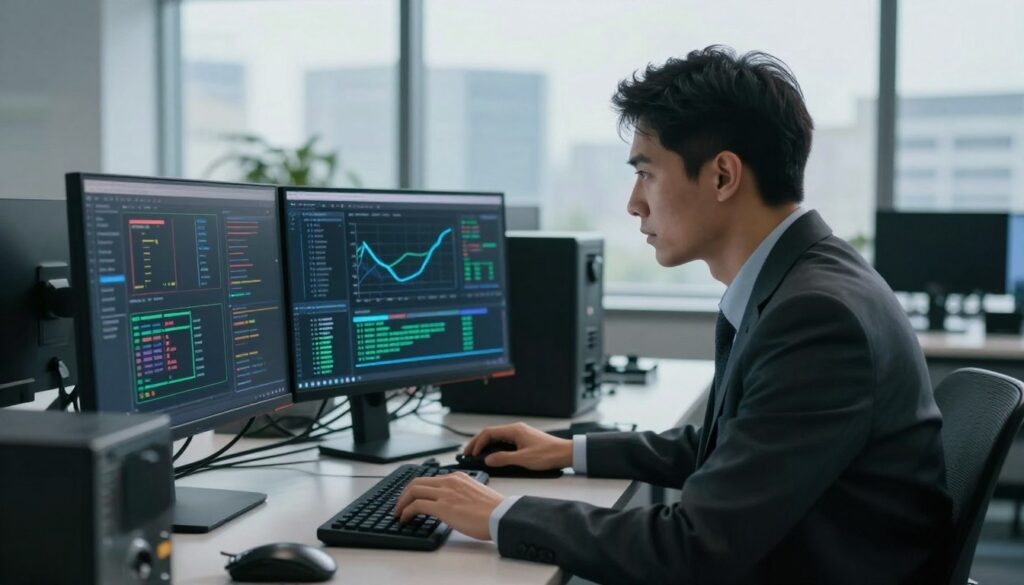 IT specialist conducting ransomware damage assessment on fleet management systems with checklist documenting affected dispatch and tracking equipment