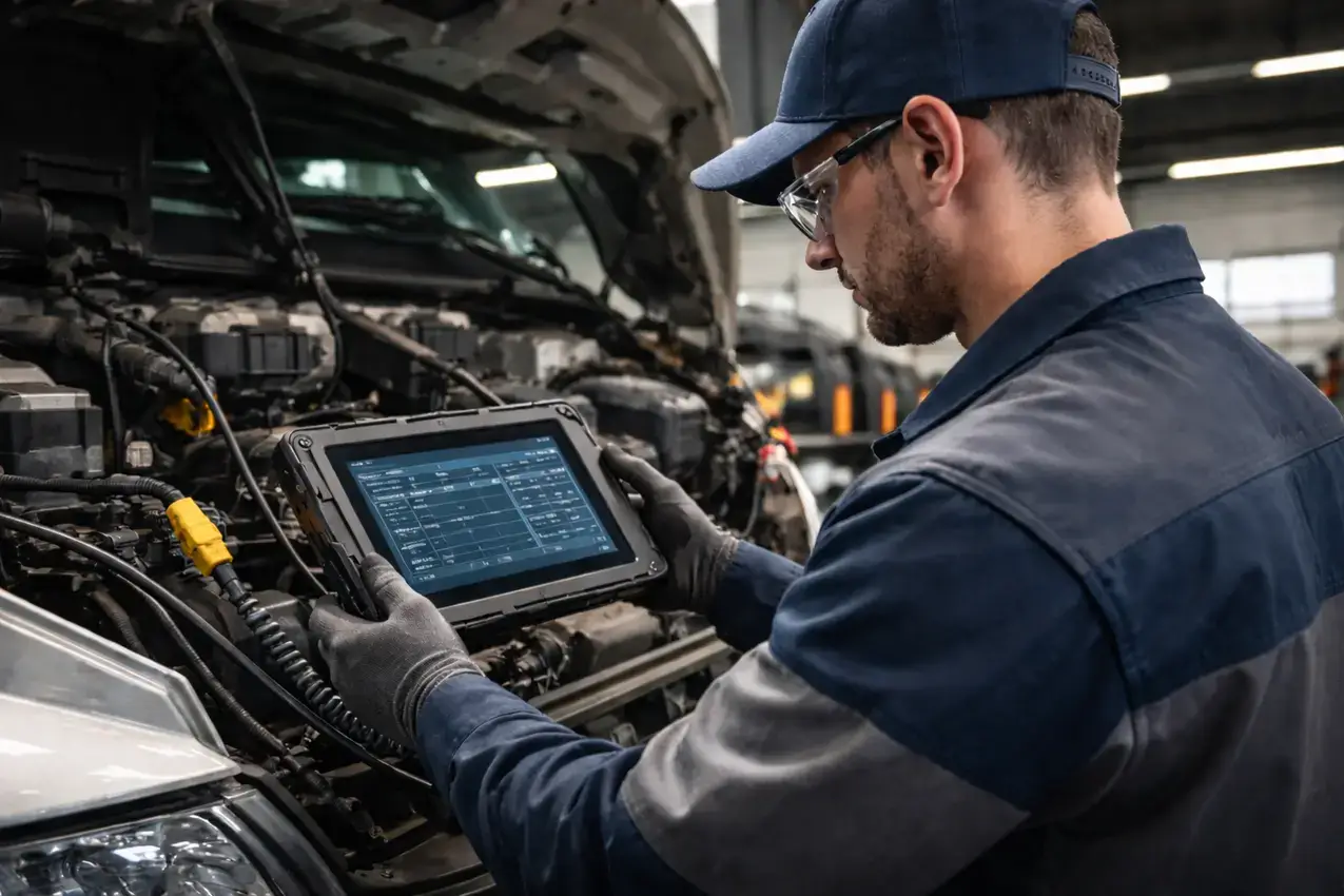 Diesel technician using diagnostic scan tool on commercial truck engine at repair facility