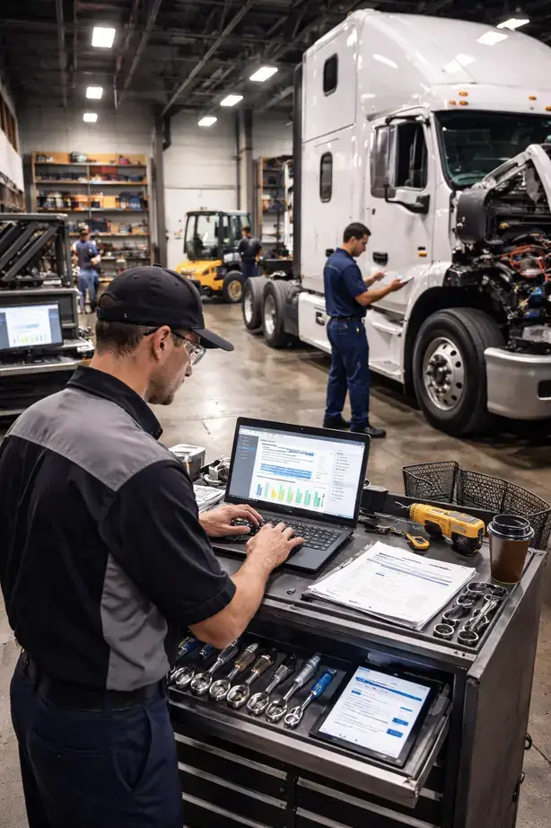 Heavy duty truck repair shop operations workflow with technicians working on a semi-truck