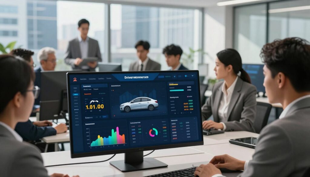 Telematics dashboard showing driver behavior monitoring and safety scoring metrics