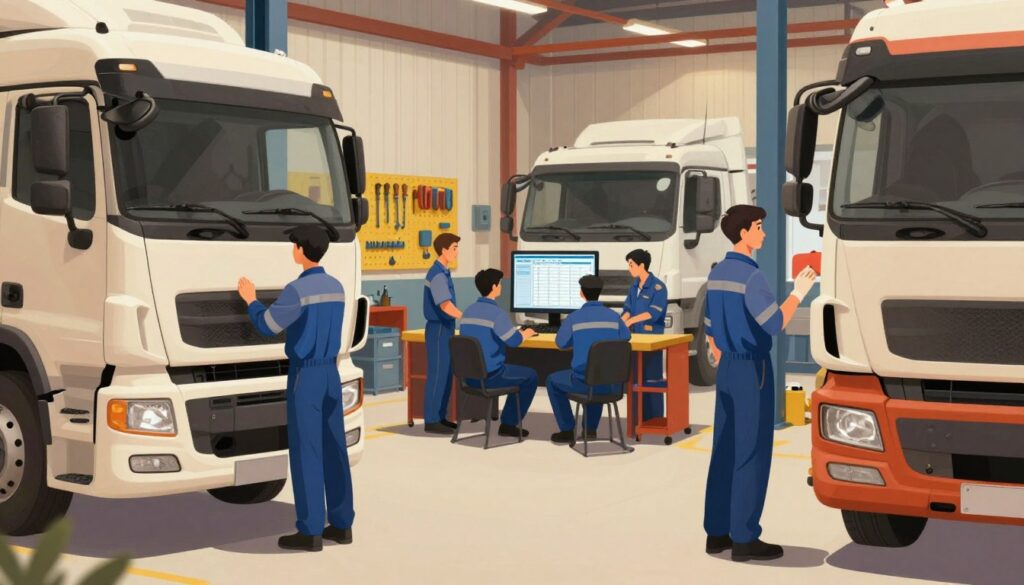 Semi truck at maintenance facility illustrating traditional fleet maintenance strategy decisions