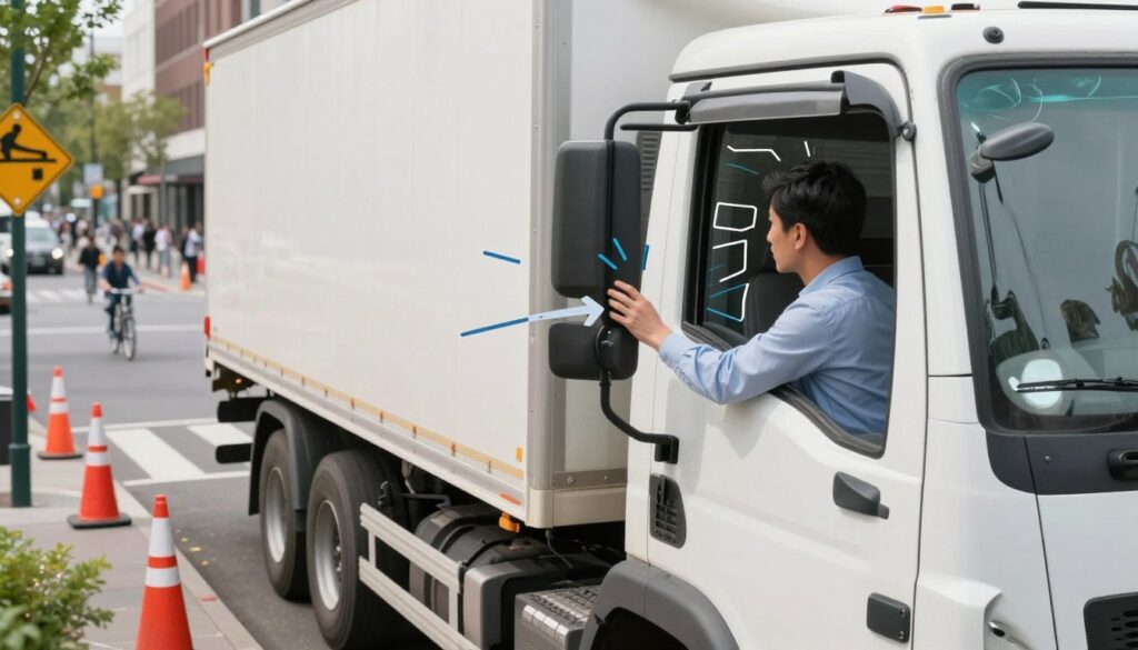 Diagram showing commercial truck blind spot no-zone areas extending 30 feet behind and two lanes on passenger side