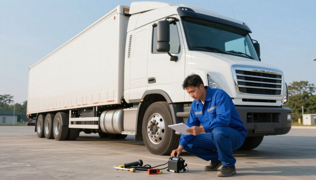 Professional truck driver performing systematic pre-trip inspection checking brake components