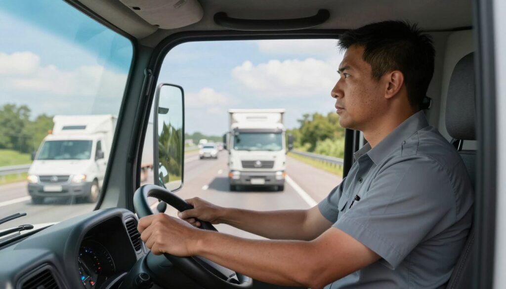 Commercial truck maintaining seven-second following distance behind vehicle on interstate highway