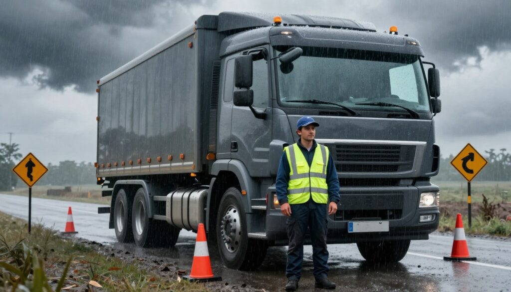 Commercial truck driving through heavy rain with headlights on demonstrating reduced visibility conditions