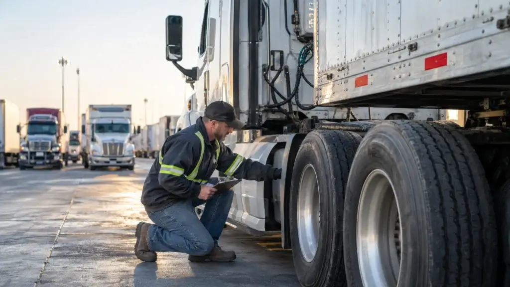 Commercial truck driver performing a pre-trip tire and vehicle safety inspection on a Class 8 semi truck at a fleet yard.