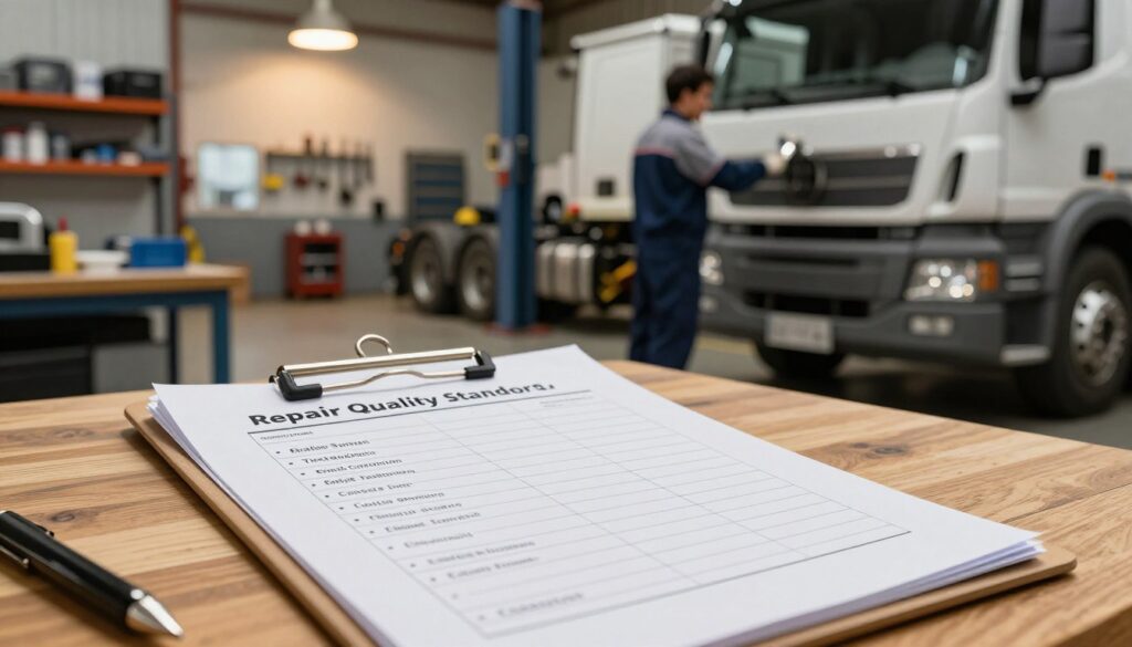 Detailed quality control checklist for commercial truck repairs showing verification steps and sign-off procedures