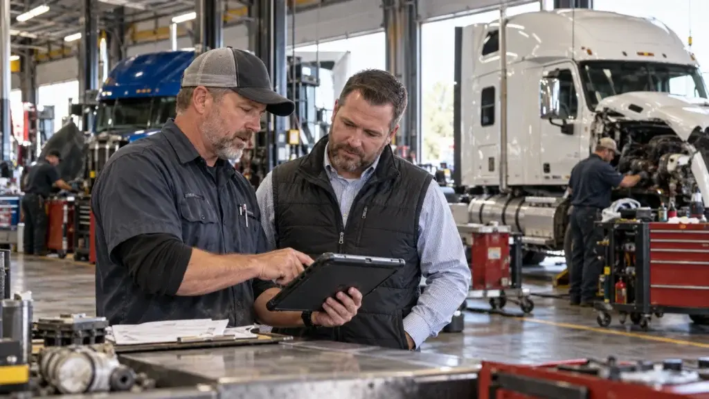 Diesel repair shop manager and fleet customer reviewing service records and repair updates on a tablet while technicians work on commercial trucks in the service bays.