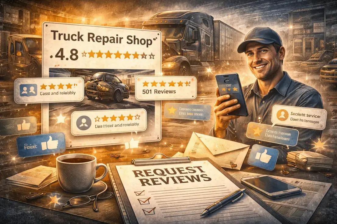 Online reviews management for truck repair shops showing star ratings and customer feedback strategies