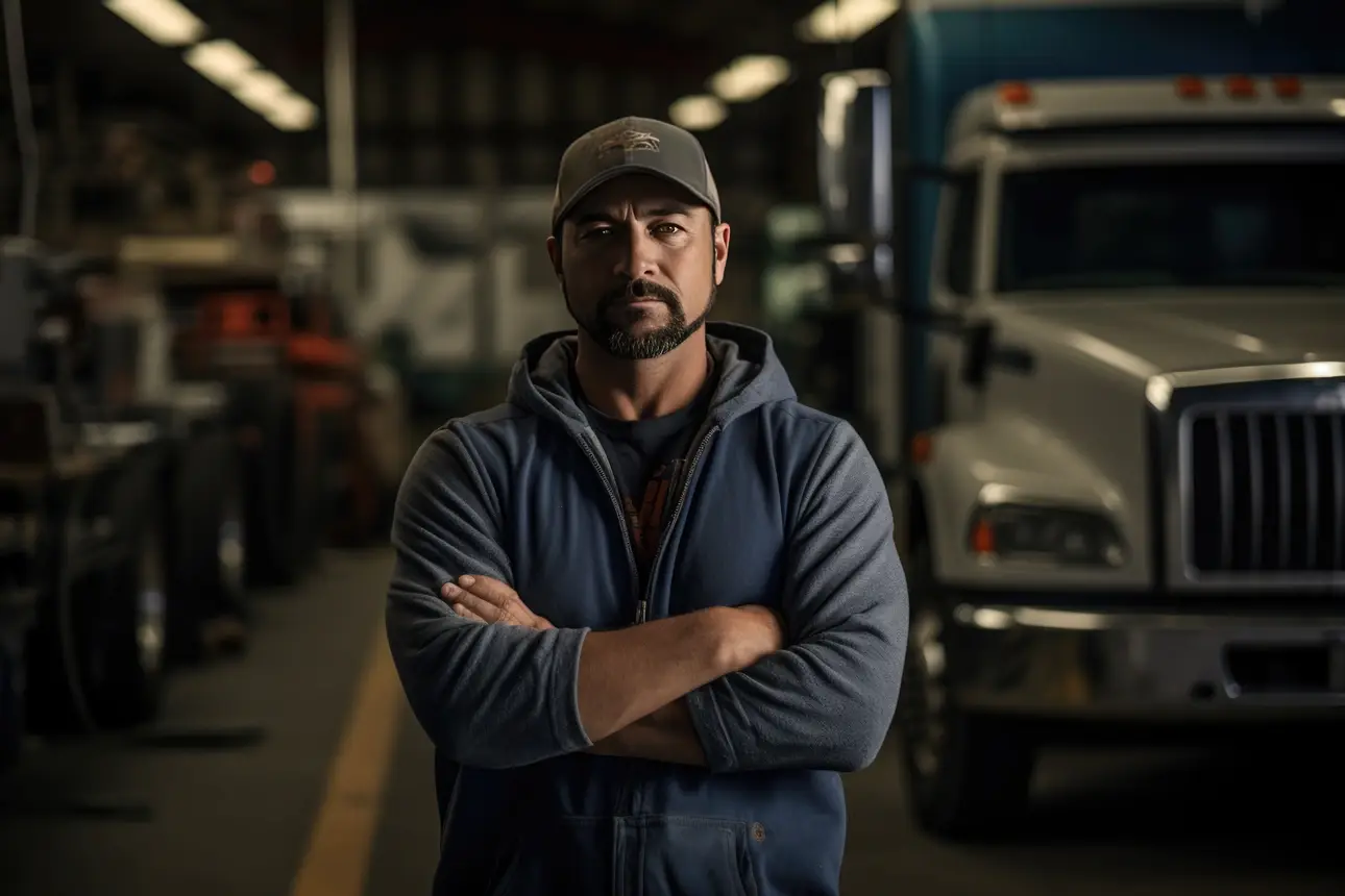Heavy duty diesel shop owner standing confidently in truck repair garage with Class 8 semi-truck in background
