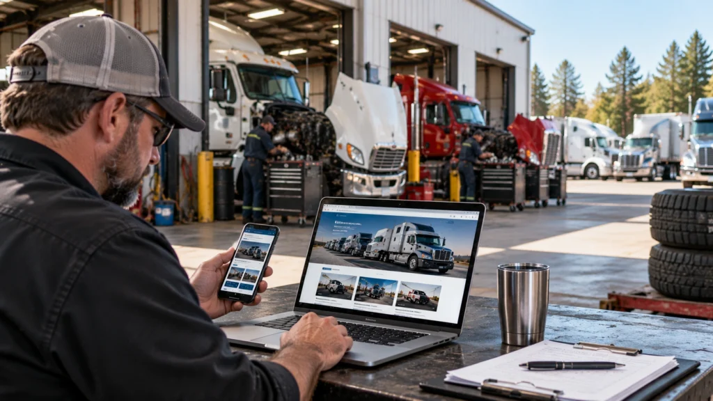 Truck repair shop owner reviewing his website on mobile and laptop outside an active heavy-duty service facility