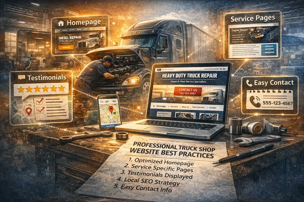 Truck repair shop website best practices showing essential elements for converting fleet manager visits into service calls