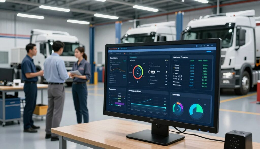 Shop management software dashboard showing telematics integration with fleet customer vehicles and automated work order creation