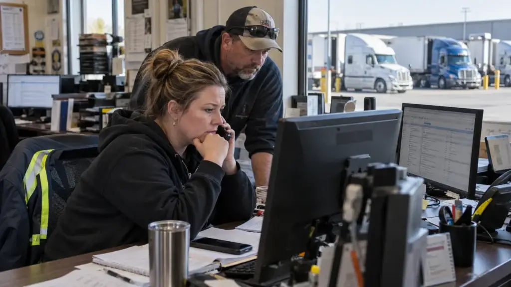 Trucking dispatch employees reviewing digital fleet information and discussing a suspicious request in a commercial carrier office as part of cybersecurity training and fraud prevention.