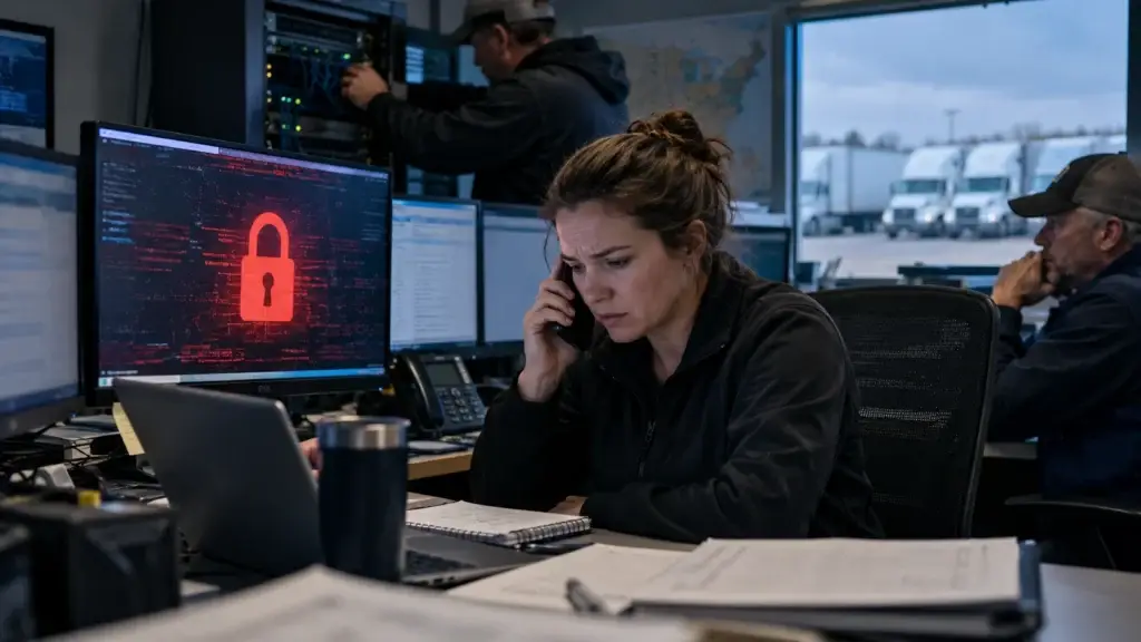 Trucking dispatch staff responding to a ransomware attack in a fleet office while an IT technician isolates network equipment and dispatchers coordinate operations by phone.