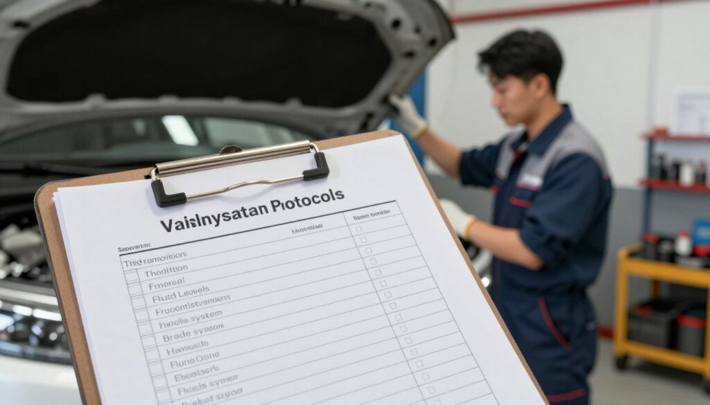 Technician using standardized inspection checklist during commercial vehicle pre-trip inspection