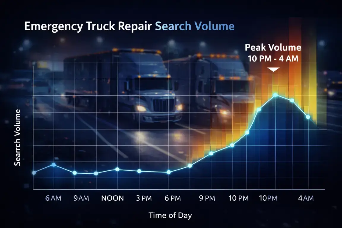 Graph showing emergency truck repair search patterns with peak volume between 10 PM and 4 AM
