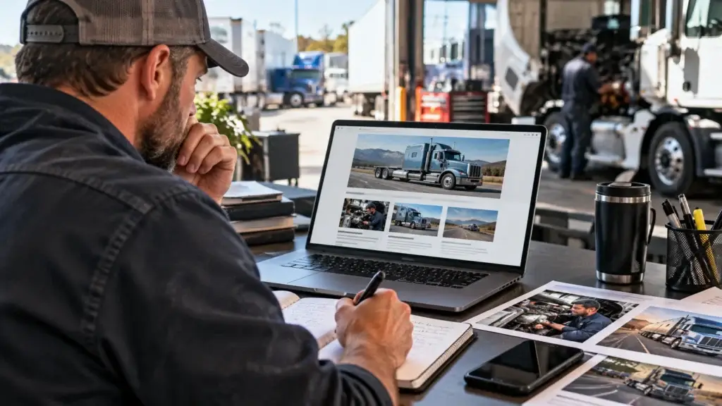 Heavy-duty industry professional planning a guest article on a laptop beside a commercial truck service facility, representing trade publication content marketing for trucking and equipment businesses.