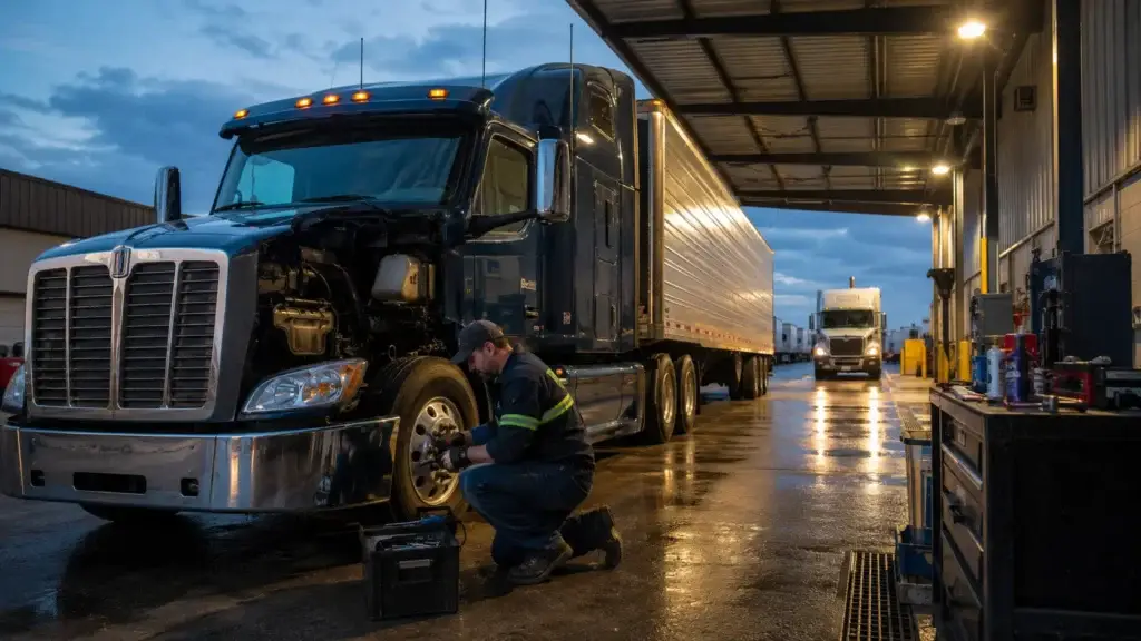 Diesel technician servicing a semi-truck at a commercial fleet yard, representing heavy-duty industry expertise and guest posting authority for trade publications.