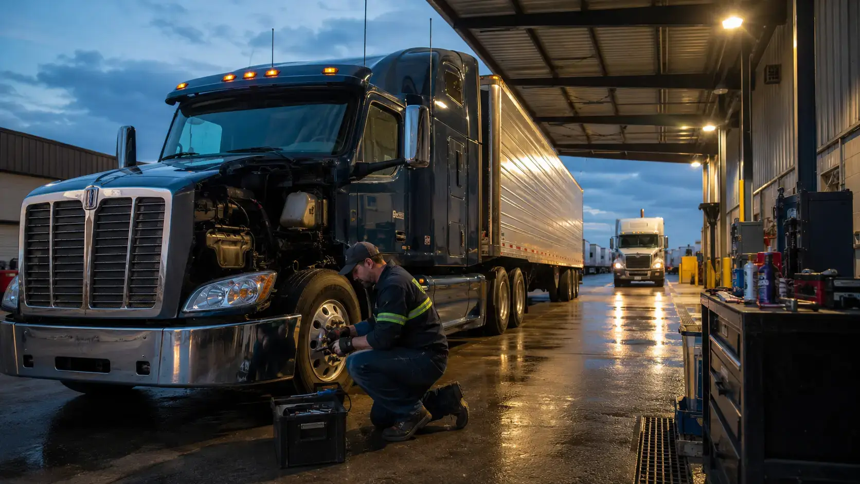 Diesel technician servicing a semi-truck at a commercial fleet yard, representing heavy-duty industry expertise and guest posting authority for trade publications.
