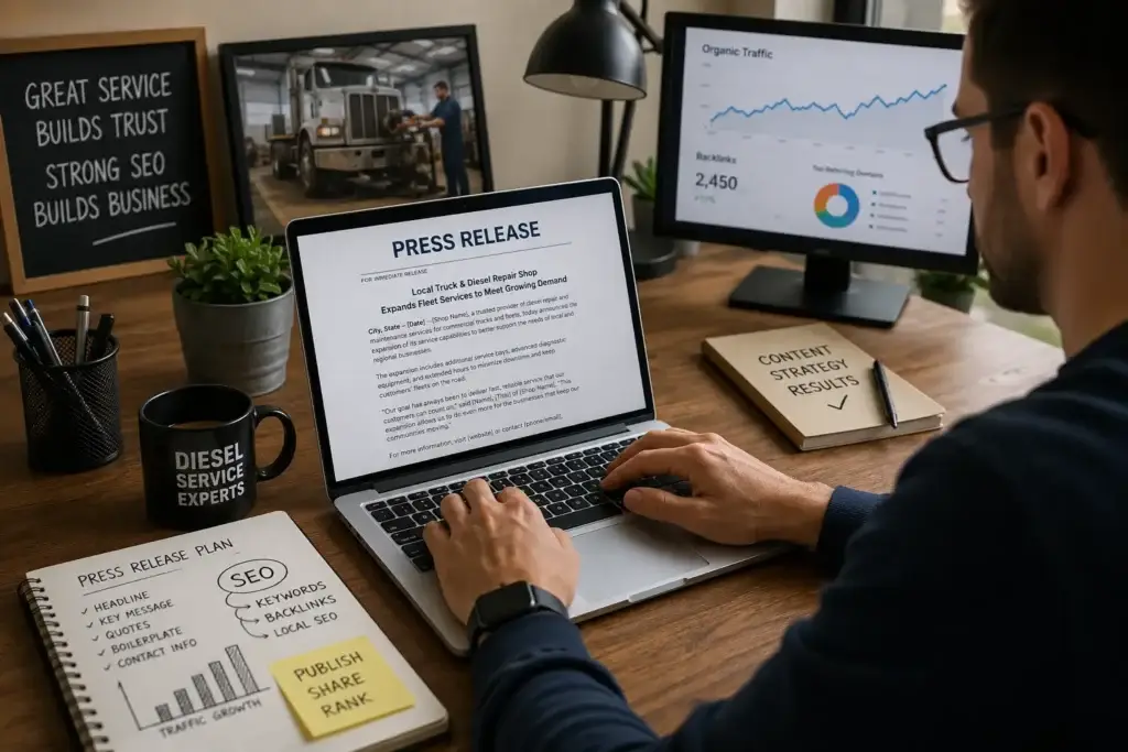 SEO professional preparing a press release for a truck and diesel repair shop while reviewing organic traffic and digital marketing performance.