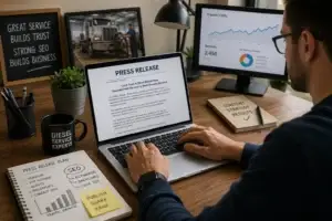 SEO professional preparing a press release for a truck and diesel repair shop while reviewing organic traffic and digital marketing performance.