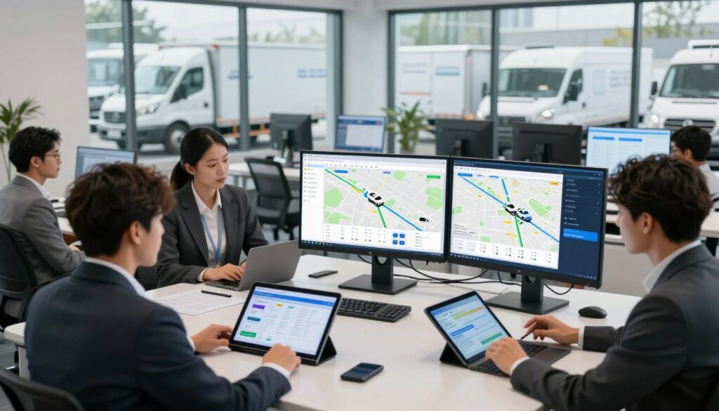 Fleet manager reviewing small fleet management technology on tablet and desktop screens