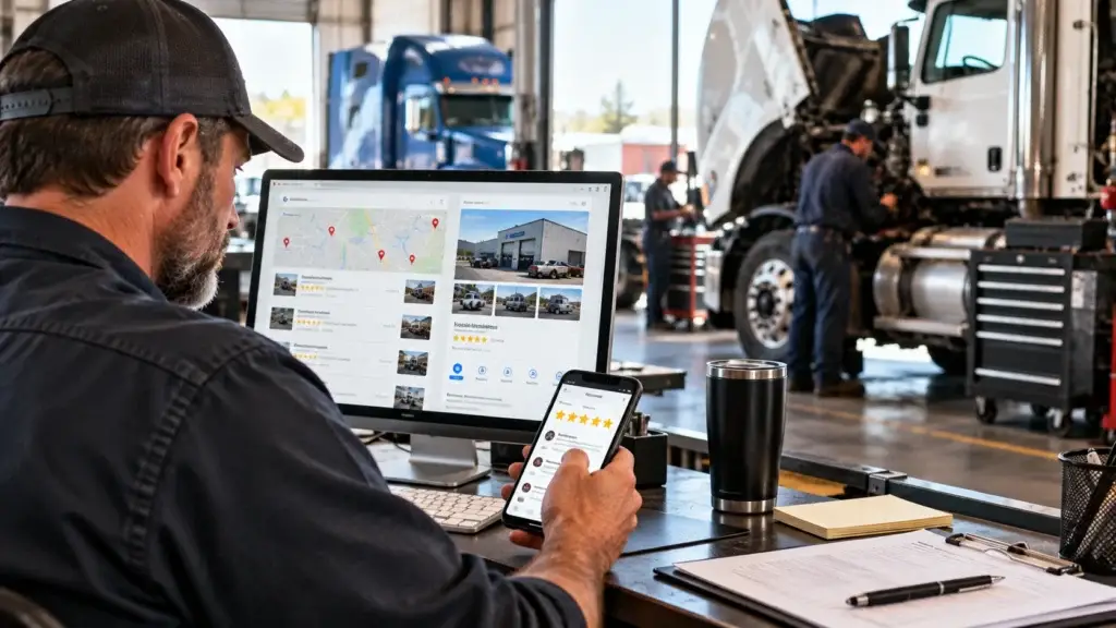 Truck repair shop owner reviewing local search listings, customer reviews, and online visibility on a desktop computer and smartphone while diesel technicians work on commercial trucks in the service bays.
