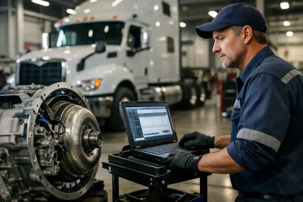 Diesel technician performing Allison transmission diagnostics on a heavy-duty semi truck in a professional repair shop