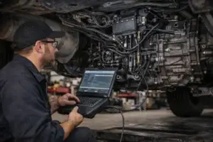 Diesel technician diagnosing an automated manual transmission on a heavy-duty truck using a laptop diagnostic tool in a repair shop