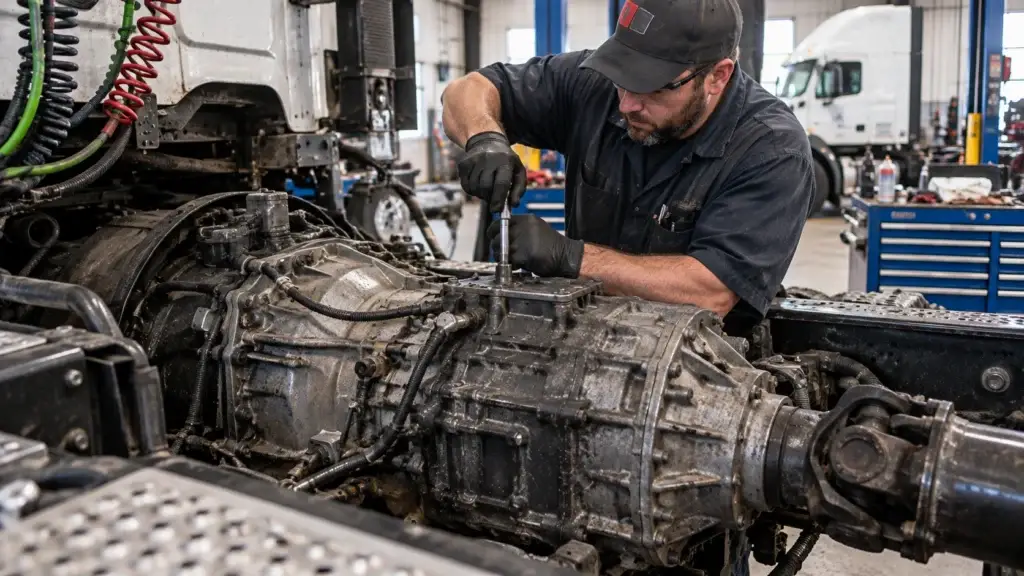 Diesel technician diagnosing an Eaton Fuller heavy-duty truck transmission in a commercial repair shop.
