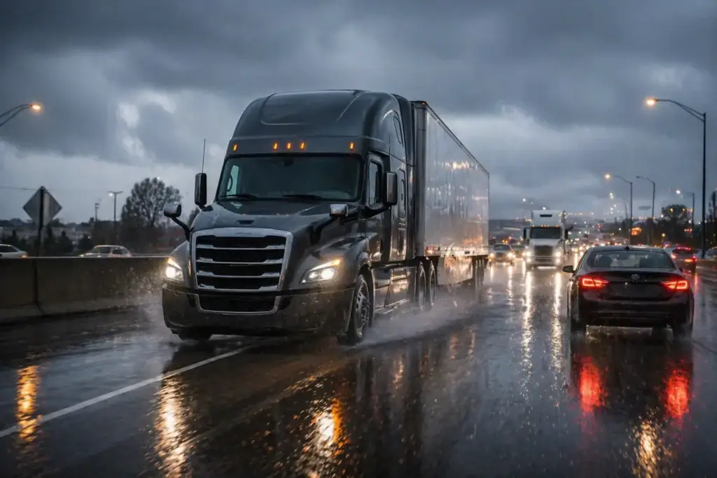 Semi truck driving on a rain-soaked highway at dusk with reflections and surrounding traffic, illustrating real-world commercial trucking safety conditions