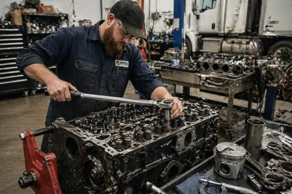 heavy duty diesel mechanic rebuilding engine using torque wrench on cylinder head in professional repair shop