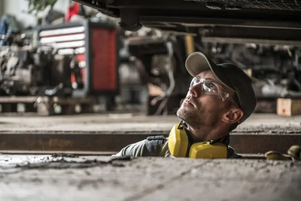 diesel mechanic wearing safety glasses and hearing protection inspecting the underbody of a heavy duty truck in a commercial repair shop