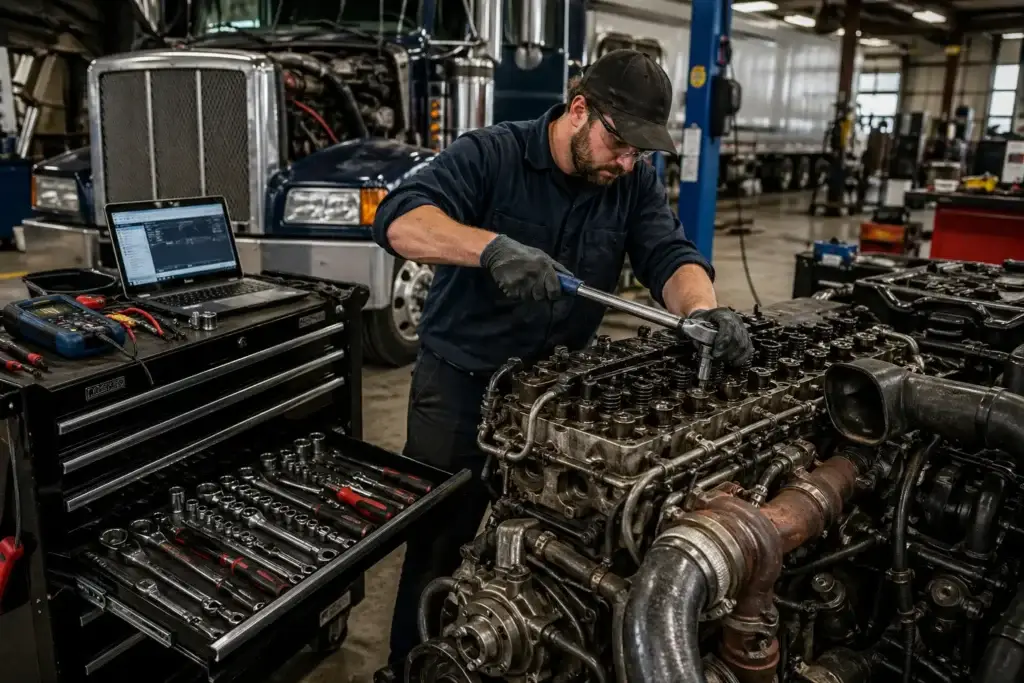 Professional diesel mechanic using torque wrench on heavy-duty truck engine in commercial repair shop with organized tools and diagnostic equipment