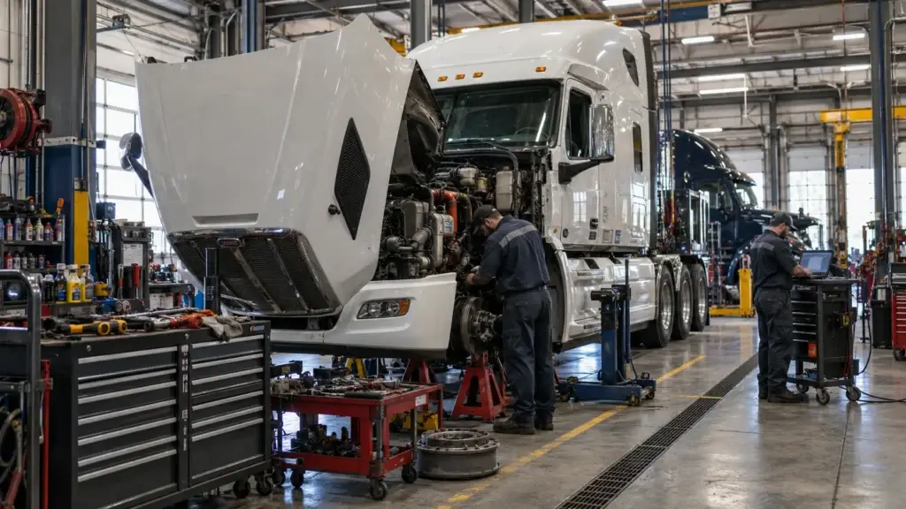 - Class 8 semi truck undergoing heavy-duty diesel repair in a fully equipped commercial truck shop with technicians, diagnostic equipment, tool storage, and lifting equipment.