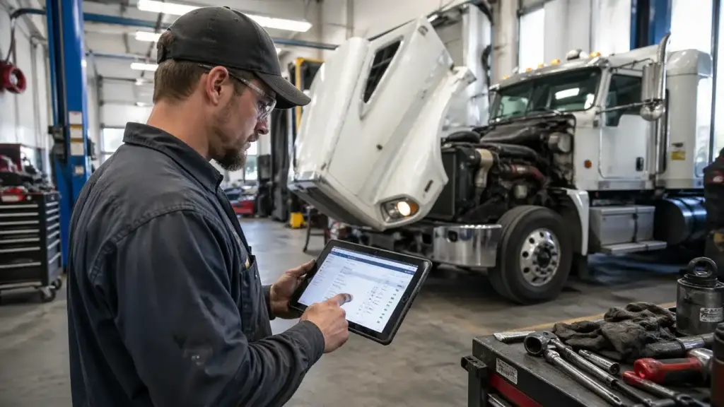 diesel technician using tablet for digital work order management in a commercial truck repair shop with semi truck in service bay