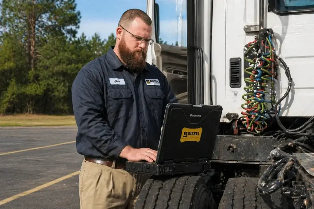 heavy duty diesel technician diagnosing semi truck engine using laptop scan tool and digital multimeter in commercial repair shop