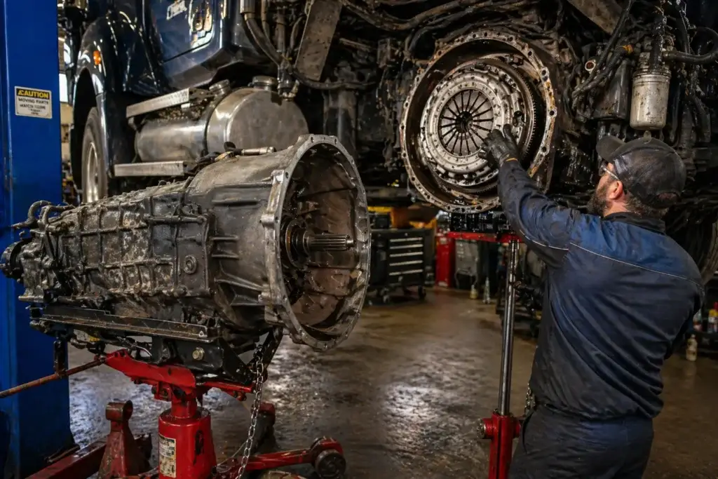 Diesel technician removing transmission during heavy duty truck clutch replacement with clutch assembly and flywheel exposed