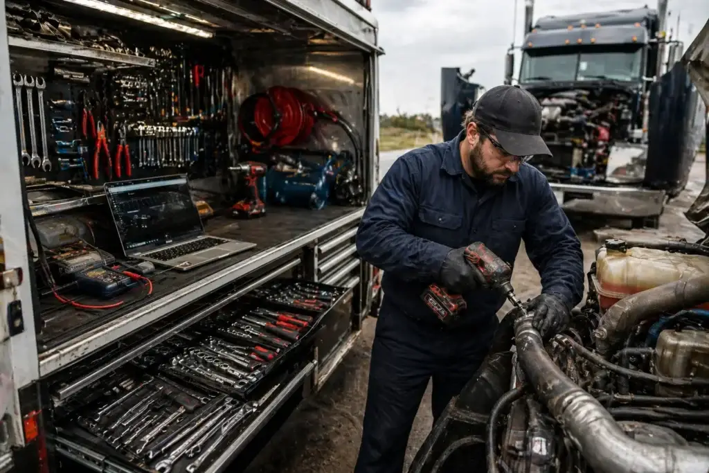 Mobile diesel mechanic working on heavy-duty truck engine with fully equipped service truck featuring organized tools and diagnostic equipment in roadside environment