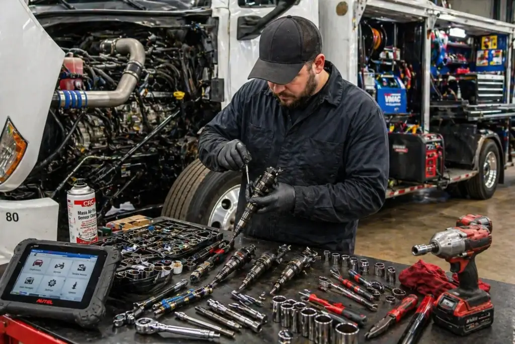 diesel technician using diagnostic tools and hand tools on a semi truck engine in a repair shop representing mobile diesel service truck equipment and capabilities