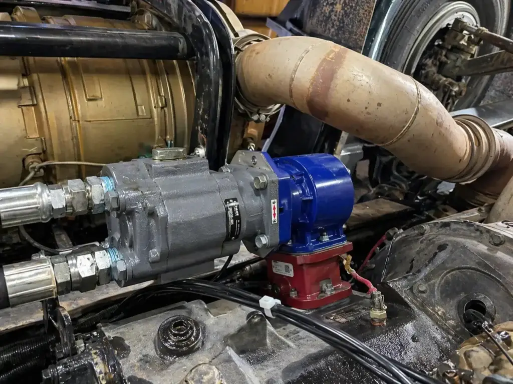 diesel technician inspecting power take off PTO system on commercial truck transmission during fleet maintenance service