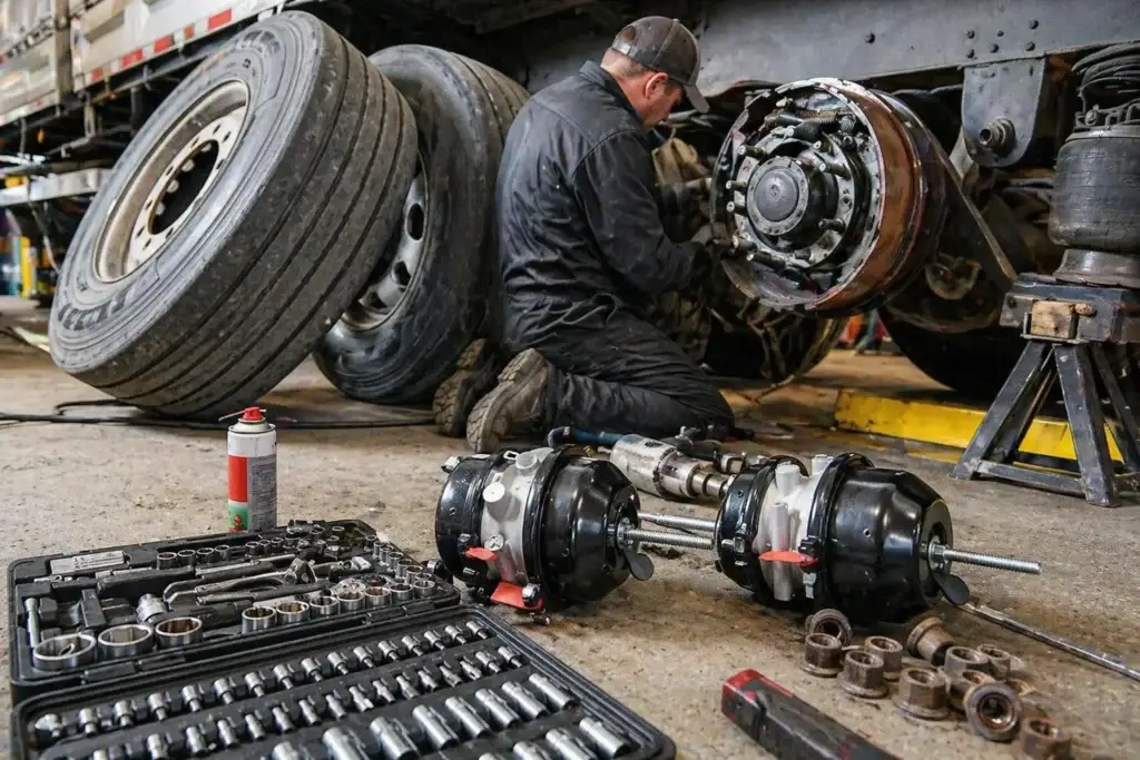 diesel technician inspecting semi truck brake system using measurement tools showing air drum and disc brake service in a commercial repair shop