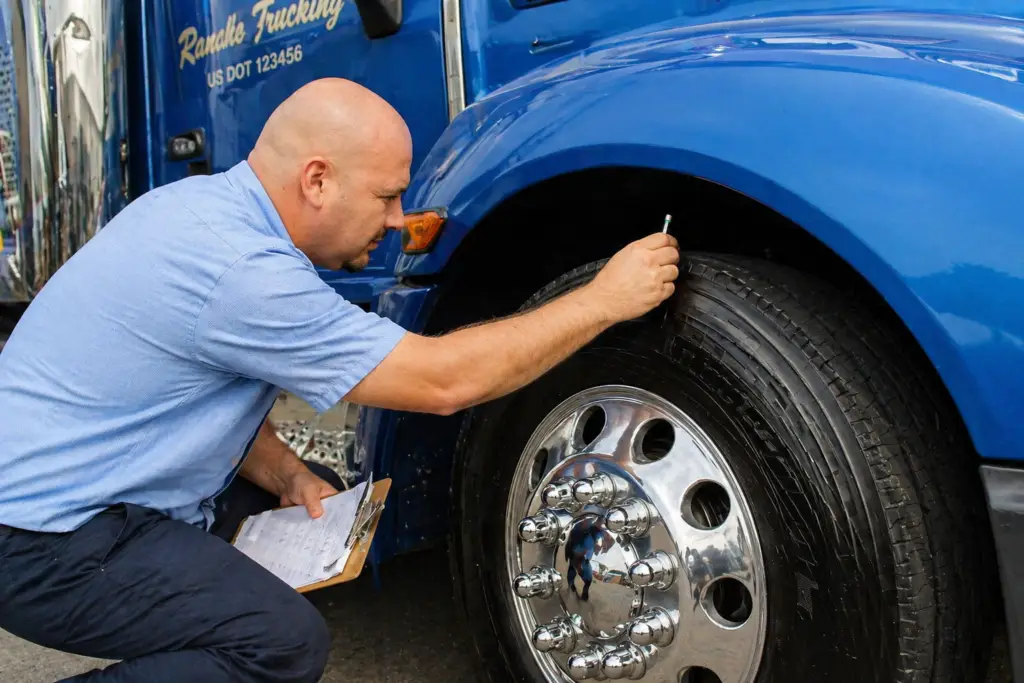 Technician performing pre trip inspection on semi truck tire checking tread and condition with gauge