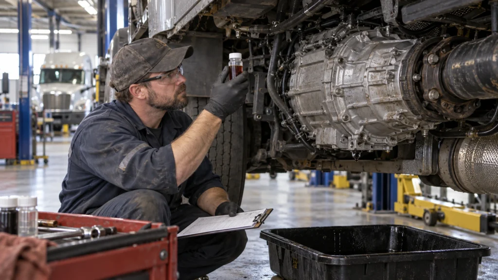 Diesel technician inspecting a transmission fluid sample beneath a Class 8 truck in a commercial repair shop.