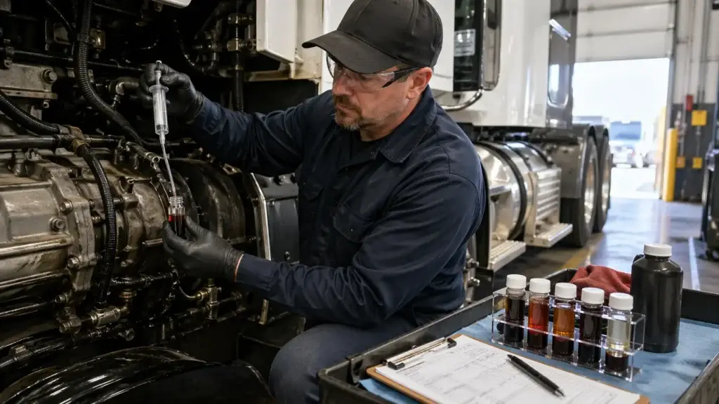 diesel technician collecting transmission fluid sample from heavy duty truck in maintenance shop for fleet oil analysis and predictive maintenance
