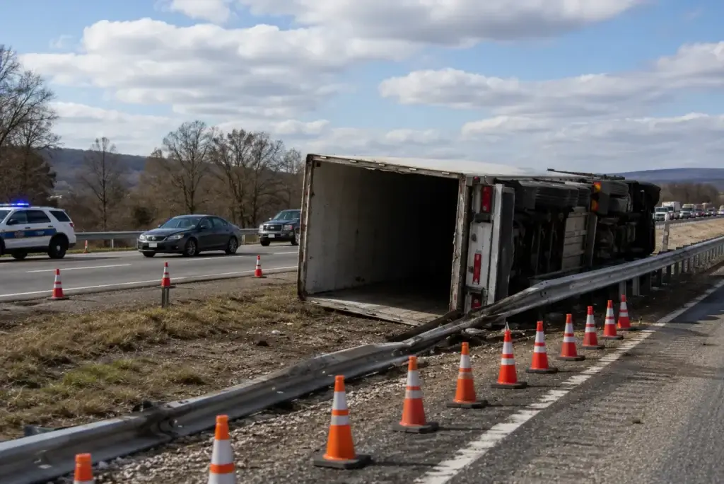 Overturned commercial truck at a highway accident scene illustrating trucking accident liability and fleet risk exposure.