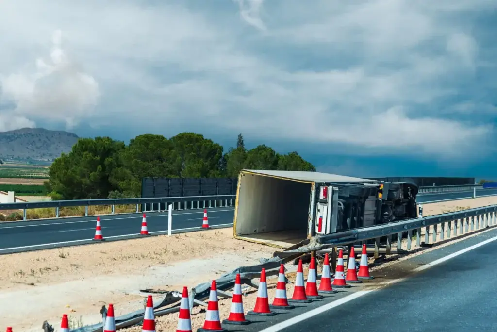 commercial semi truck accident scene with investigators reviewing damage and documentation on a highway shoulder, representing trucking liability and fleet safety compliance