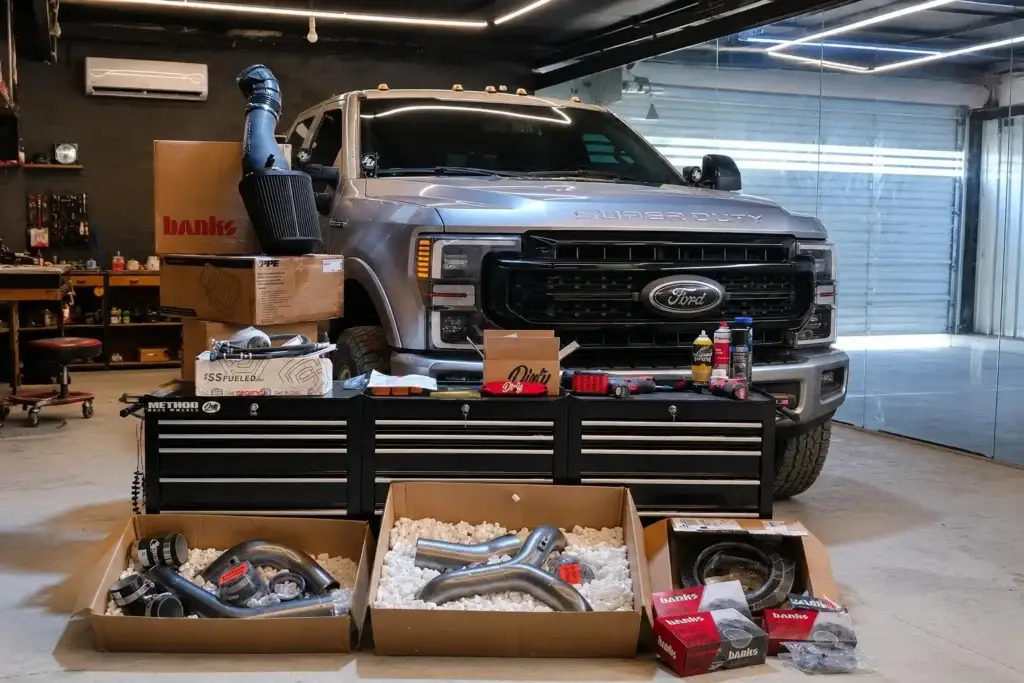 Diesel pickup truck loaded with contractor materials parked at a job site ready for a full work day