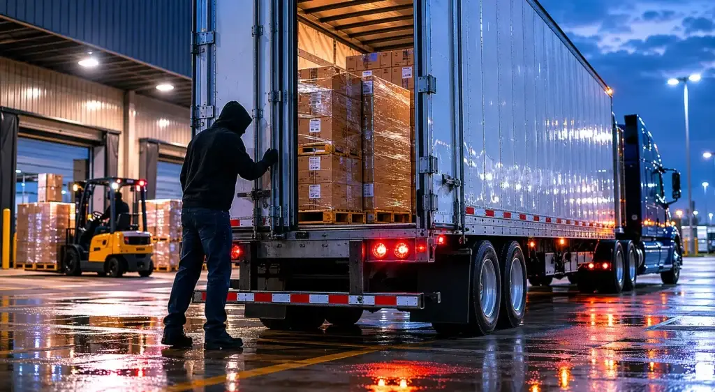 Shadowed figure near an open freight trailer in a dimly lit trucking yard representing cargo theft and fleet security risks.